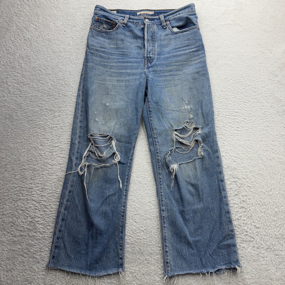 Levis Premium Ribcage Straight Ankle Distressed Jeans Light Wash Blue W28 L27